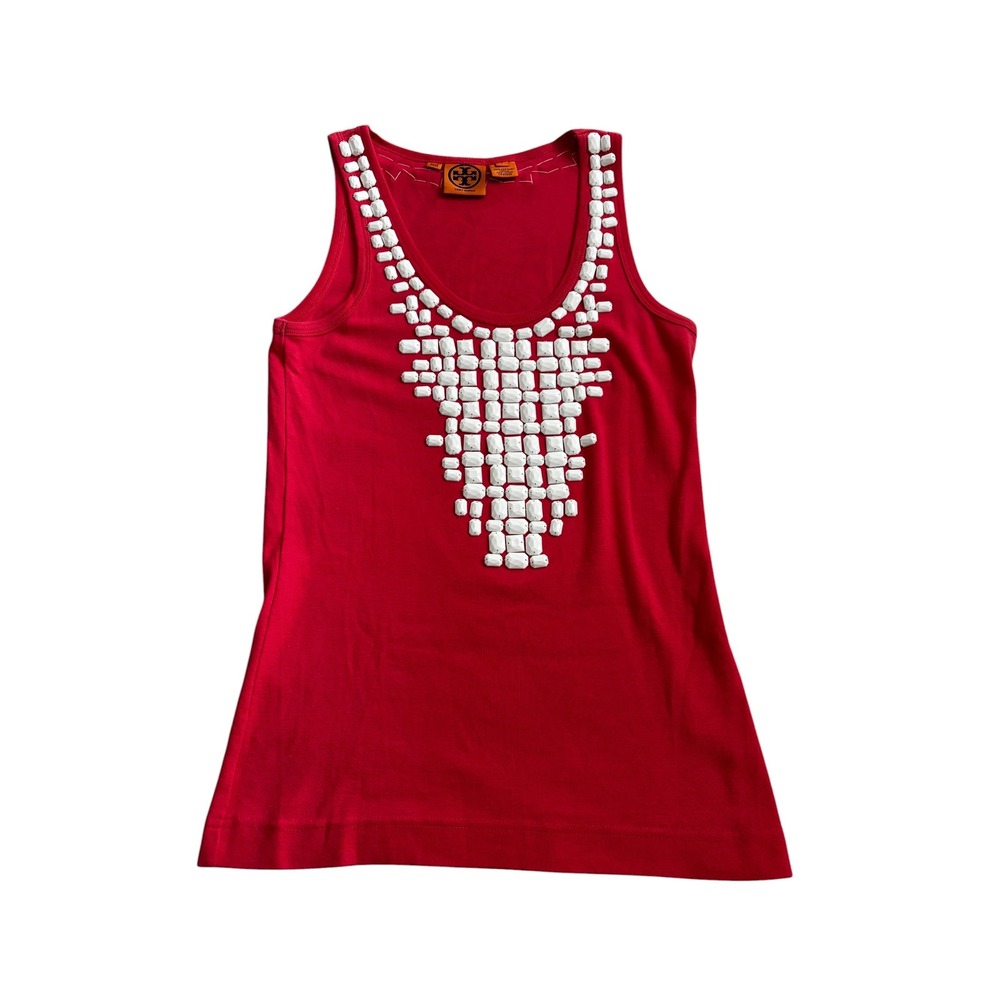 Tory Burch Tank Top Small Red‎ White Beaded Bib Embellished Cotton Sleeveless